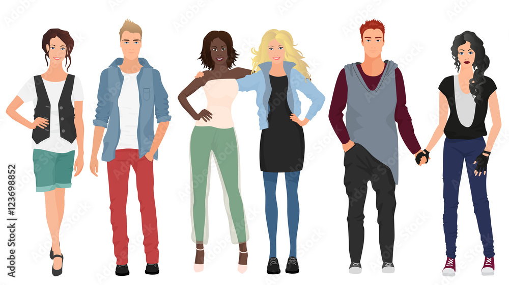 Obraz premium Handsome young guys with beautiful girls models couples in casual modern fashion clothes isolated. People couples.