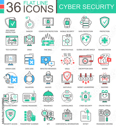 Vector Cyber security modern color flat line outline icons for apps and web design.