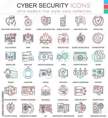 Vector Cyber security ultra modern color outline line icons for apps and web design.