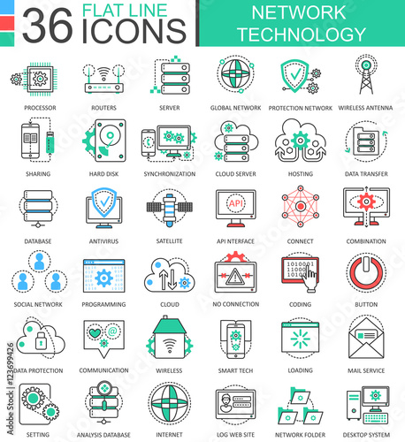 Vector Network technology modern color flat line outline icons for apps and web design.
