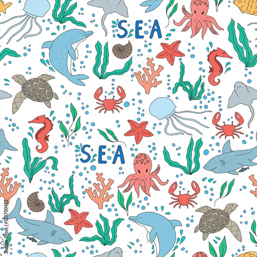 Vector seamless pattern. Hand-drawn doodle set of sea life