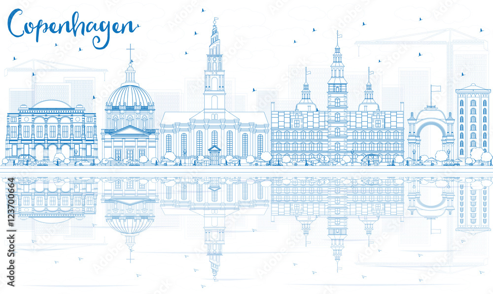 Outline Copenhagen Skyline with Blue Landmarks and Reflections.