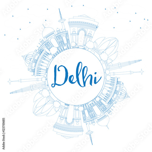 Outline Delhi Skyline with Blue Buildings and Copy Space.