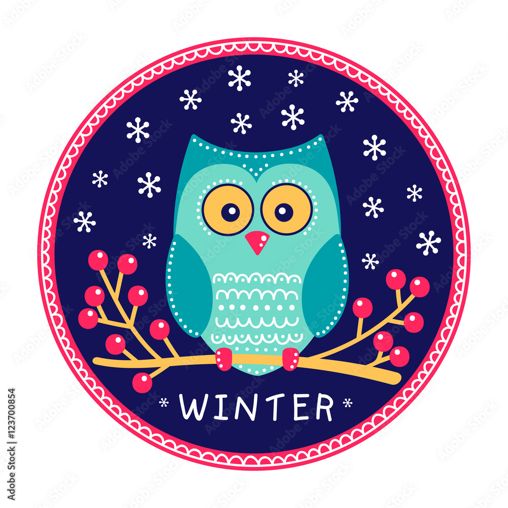 Fototapeta premium Winter round card. Vector hand drawn cute owl with doodle ornament. Nice flat design bird sitting on a branch with berries. Night owl on the dark background with white snowflakes. Isolated.