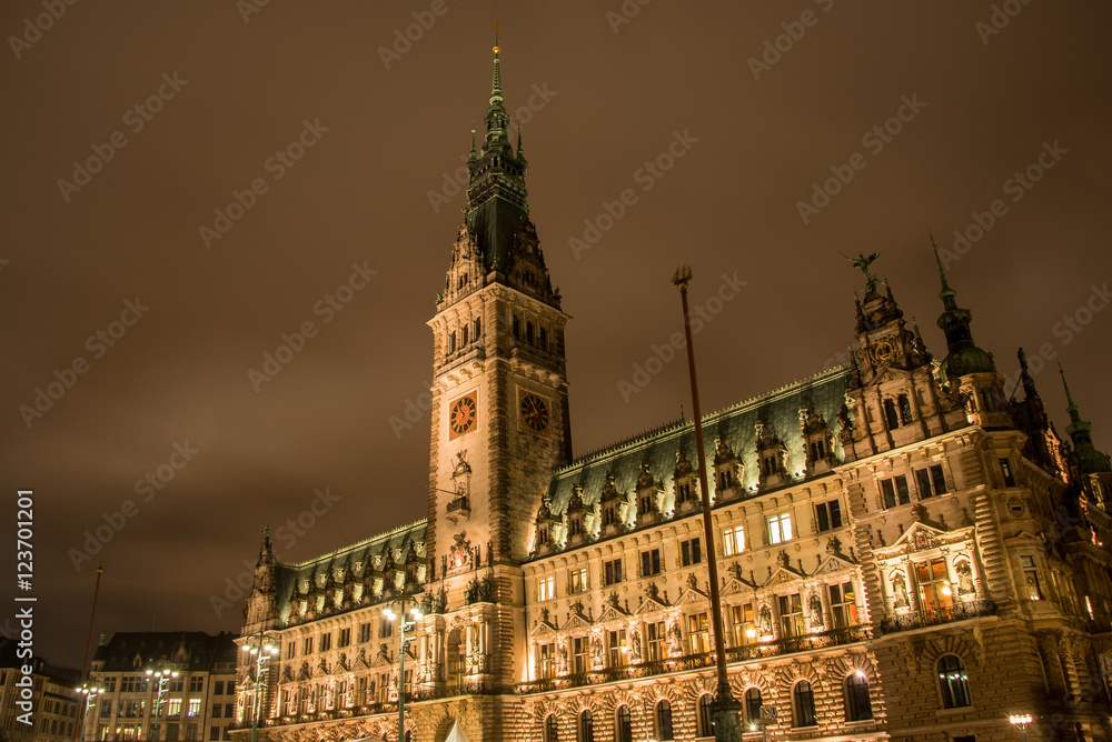 Hamburg Rathaus im goldenen Nachthimmel