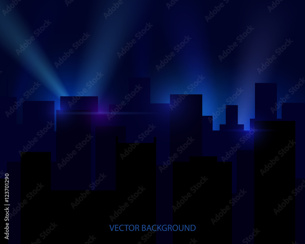 silhouette of houses, a city with spotlights. Vector dark background.