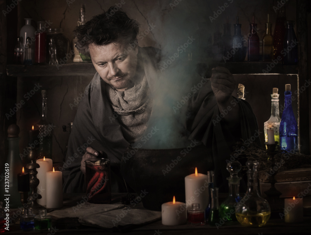 wizard brews a potion