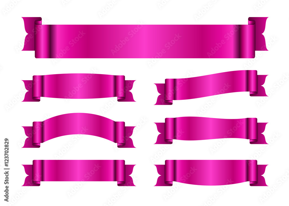 Pink ribbons set. Satin blank banners collection. Design label scroll blanks element, isolated on white background. Empty template for greeting or advertising. Symbols decoration Vector illustration Pink ribbons set. Satin blank banners collection. Design label scroll blanks element, isolated on white background. Empty template for greeting or advertising. Symbols decoration Vector illustration
