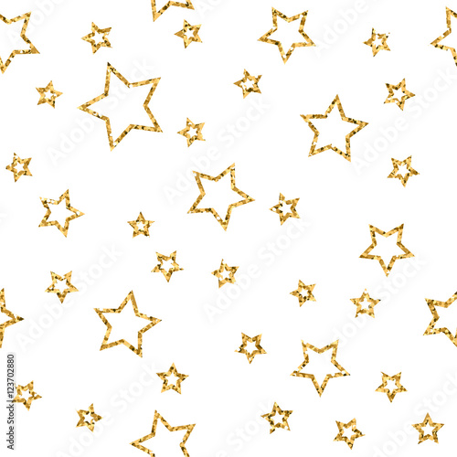 Stars seamless pattern gold and white retro background. Abstract bright golden design for wallpaper  Christmas decoration  confetti  textile  wrapping. Symbol of holiday. Vector illustration