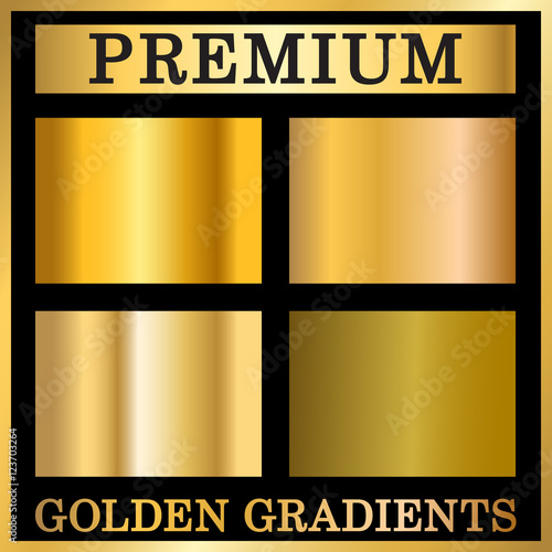 Gold texture in frame set. Collection golden gradient smooth material background. Square textured bright metal shiny. Metallic blank decorative isolated pattern. Abstract art. Vector Illustration