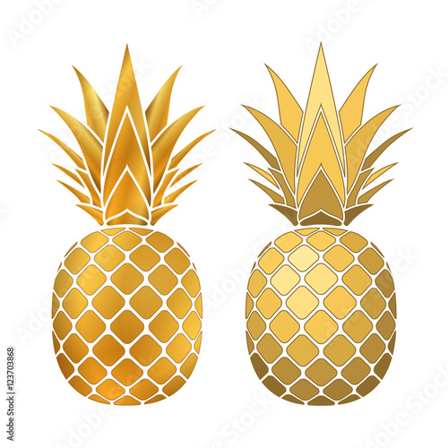 Pineapple gold icons set. Tropical fruit, isolated on white background. Symbol of food, sweet, exotic and summer, vitamin, healthy. Nature logo. 3D concept. Design element Vector illustration