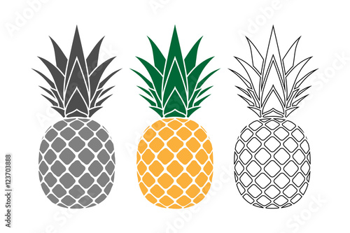 Pineapple with leaf icons set. Tropical fruits isolated on white background. Symbol of food, sweet, exotic summer, vitamin, healthy. Nature logo. Flat concept. Design element Vector illustration