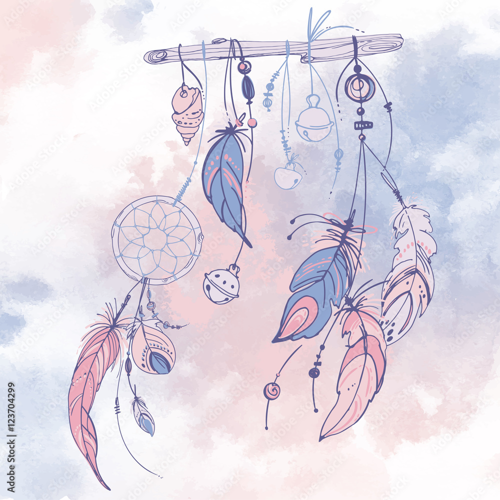Dreamcatcher, Set of ornaments, feathers and beads. Native american ...