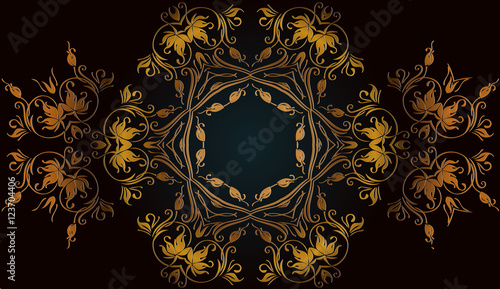abstract decorative floral pattern element of the weave embossed symmetrical shape bronze color lines on a dark background