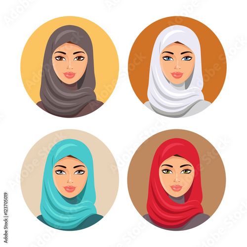 Beautiful muslim woman icons set female portrait in hijab vector illustration