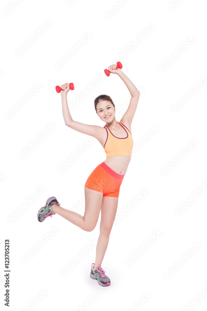 Full body of young cheerful smiling woman with dumbbell. Isolate Full body of young cheerful smiling woman with dumbbell. Isolate
