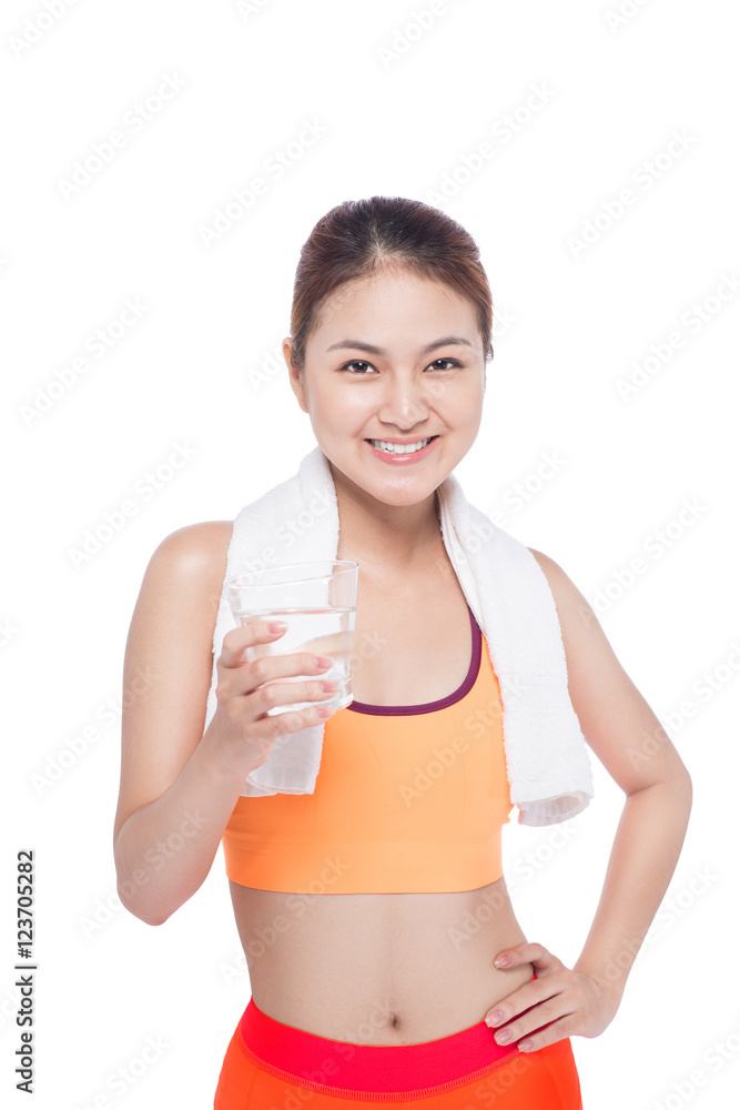 Portrait of fitness young asian woman with towel drinking water Portrait of fitness young asian woman with towel drinking water