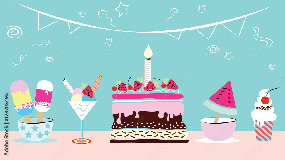 Cake, cupcakes, icecream .Collection of cute funny birthday item. Wedding, anniversary, birthday, Valentin's day, party invitations. Stock Vector | Adobe Stock Cake, cupcakes, icecream .Collection of cute funny birthday item. Wedding, anniversary, birthday, Valentin's day, party invitations. Stock Vector | Adobe Stock