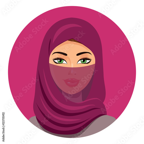 Beautiful muslim arab woman portrait using a red veil  vector flat icon avatar.