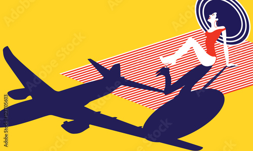 Beautiful woman sunbathing on the beach. Happy woman laughing and looking up. Travel concept. Retro style, Pop art. Vector eps10 illustration 
