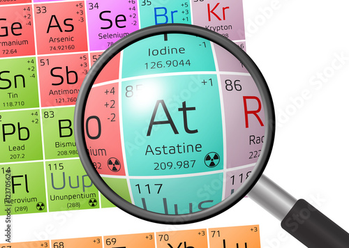 Element of Astatine with magnifying glass