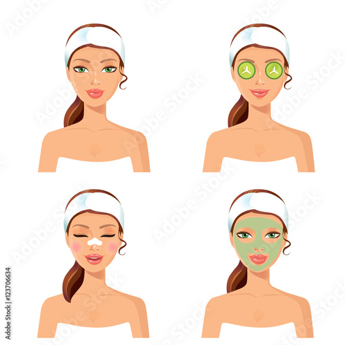 Spa procedure. Vector illustration of a beautiful women with facial mask care.