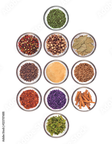 collection of spices on a white background