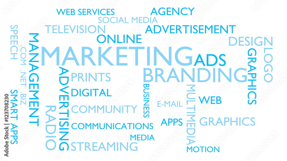 Fototapeta premium Marketing, branding word tag cloud - white, English variant, 3D rendering