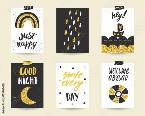 Cute doodle black and gold birthday cards set