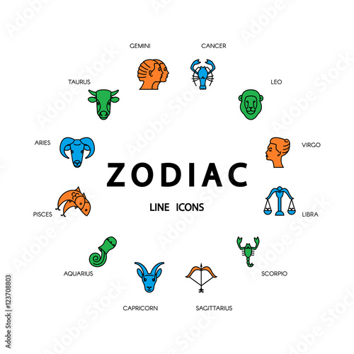 Thin line vector zodiacal symbols. Astrology, horoscope sign, graphic design elements, printing template. Zodiac Signs  isolated on background.