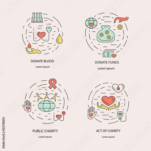Charity and donation, volunteers needed concepts set for web banners, printed materials, infographics, websites. Creative icons in thin line flat design. Vector illustration eps10