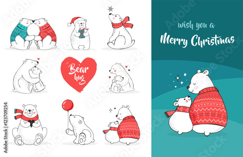 Merry Christmas greetings with bears. Hand drawn polar bear, cute bear set, mother and baby bears, couple of bears