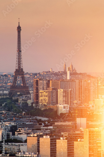 Paris cityscape with tour eiffel and montmartre view from far su