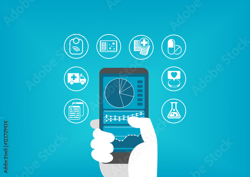 Electronic healthcare concept with hand holding smart phone to access digital medical records of patients
