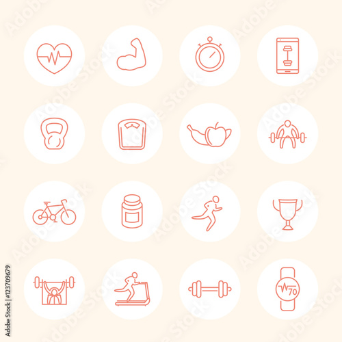 16 fitness, gym, training line icons set, isolated on white