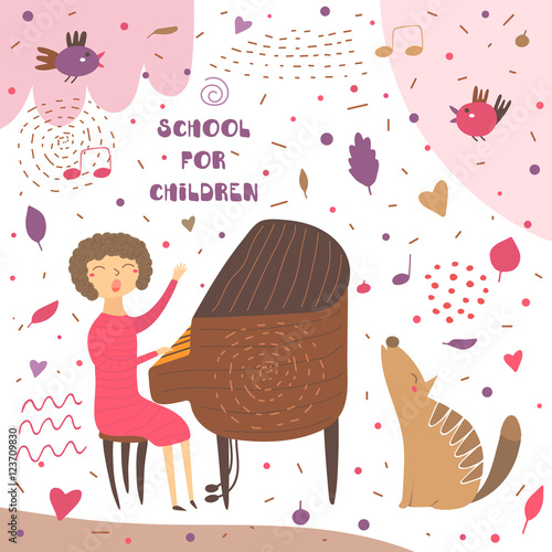 Cute hand drawn card, postcard with music teacher