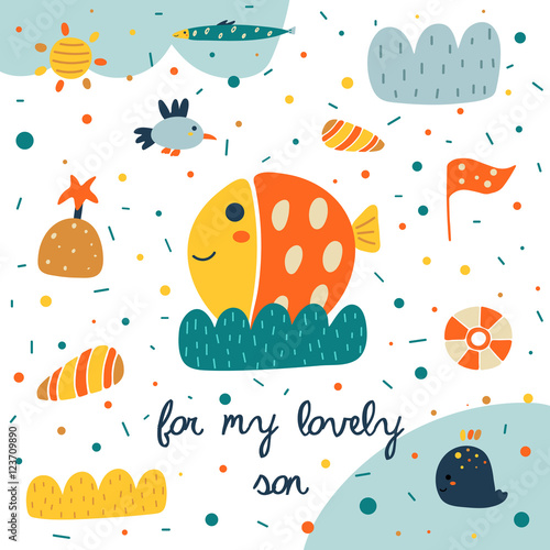 Cute hand drawn postcard with fish