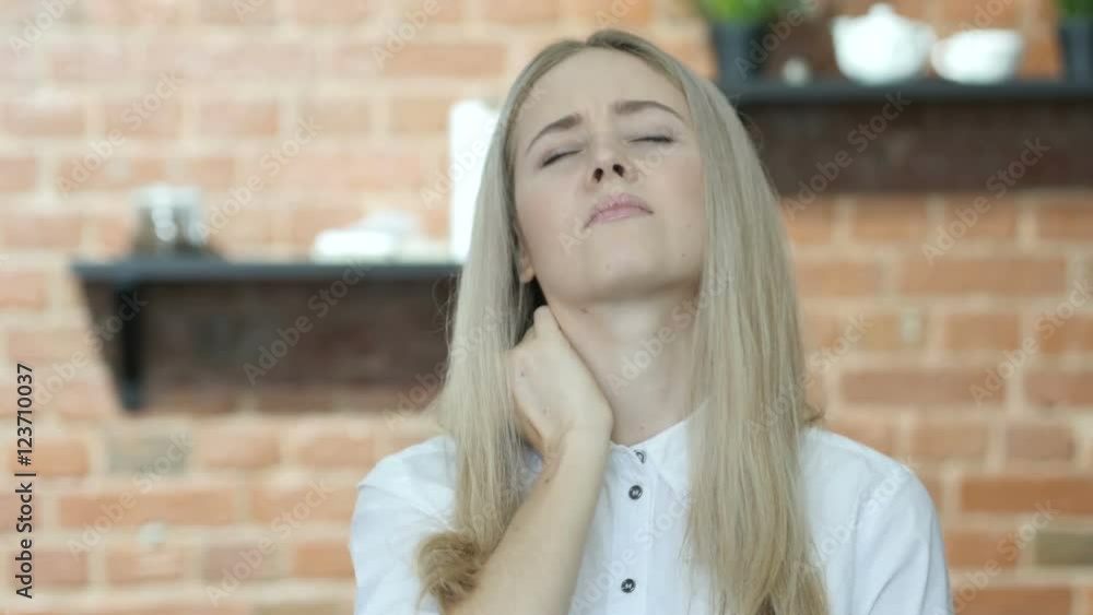 Neck pain, Tired Beautiful Woman, Indoor Neck pain, Tired Beautiful Woman, Indoor