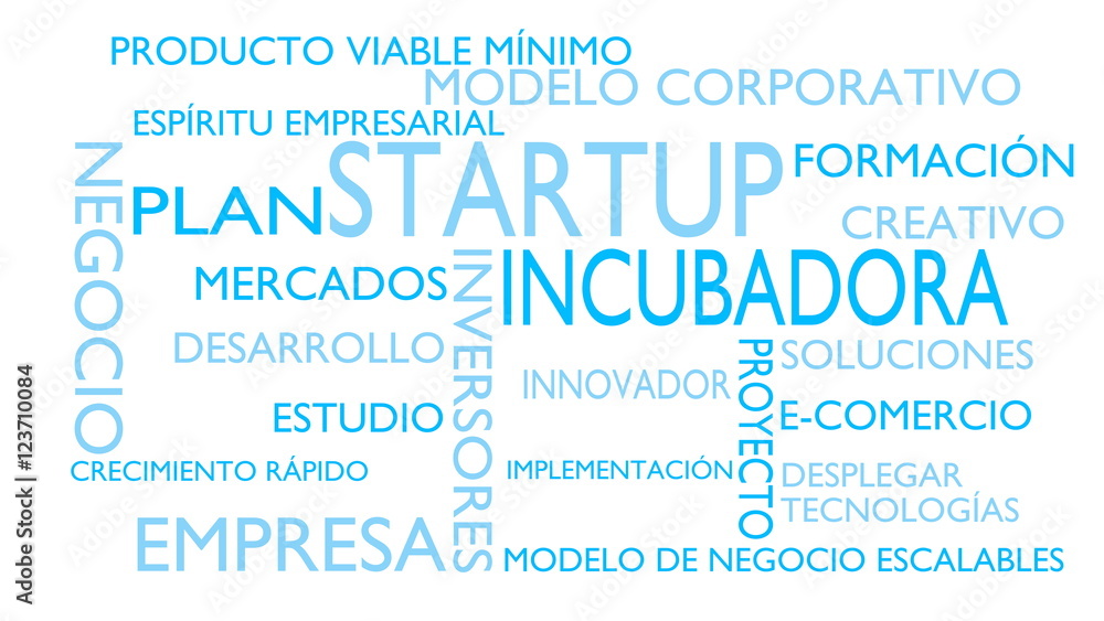 Obraz premium Startup, incubator word tag cloud - white, Spanish variant, 3D rendering