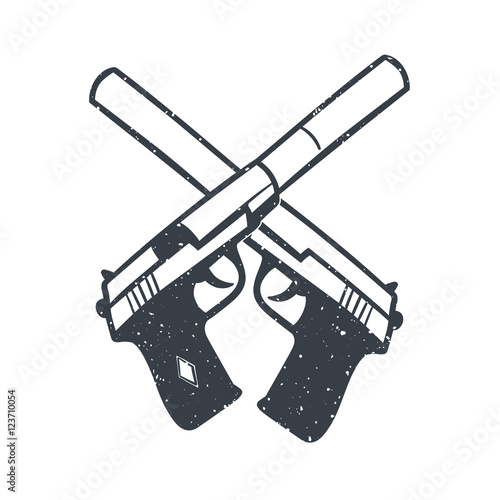 hand drawn pistols with silencer, handguns on white