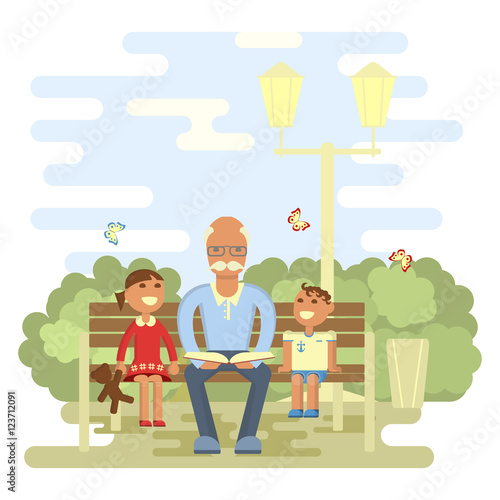Happy family concept. Grandpa reading a book to grandsons in summer on a park bench. Boy and girl out walking with grandfather. Vector illustration eps
