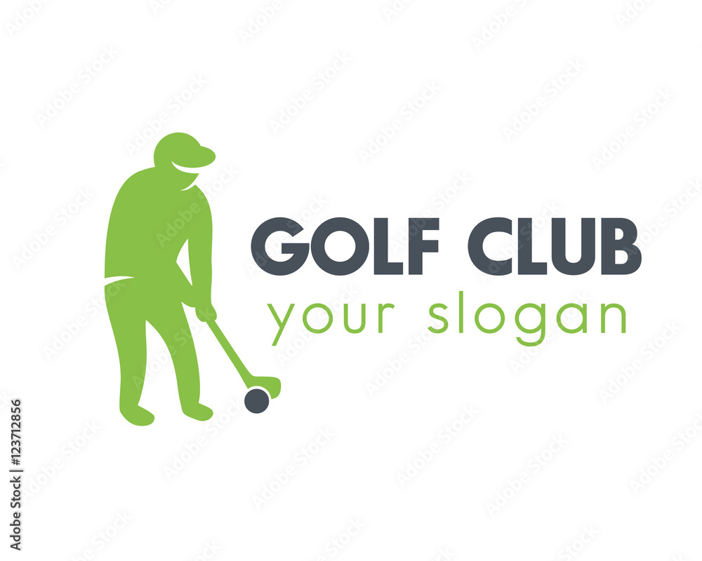 golf logo element in gray and green, golf player with club on white, vector illustration