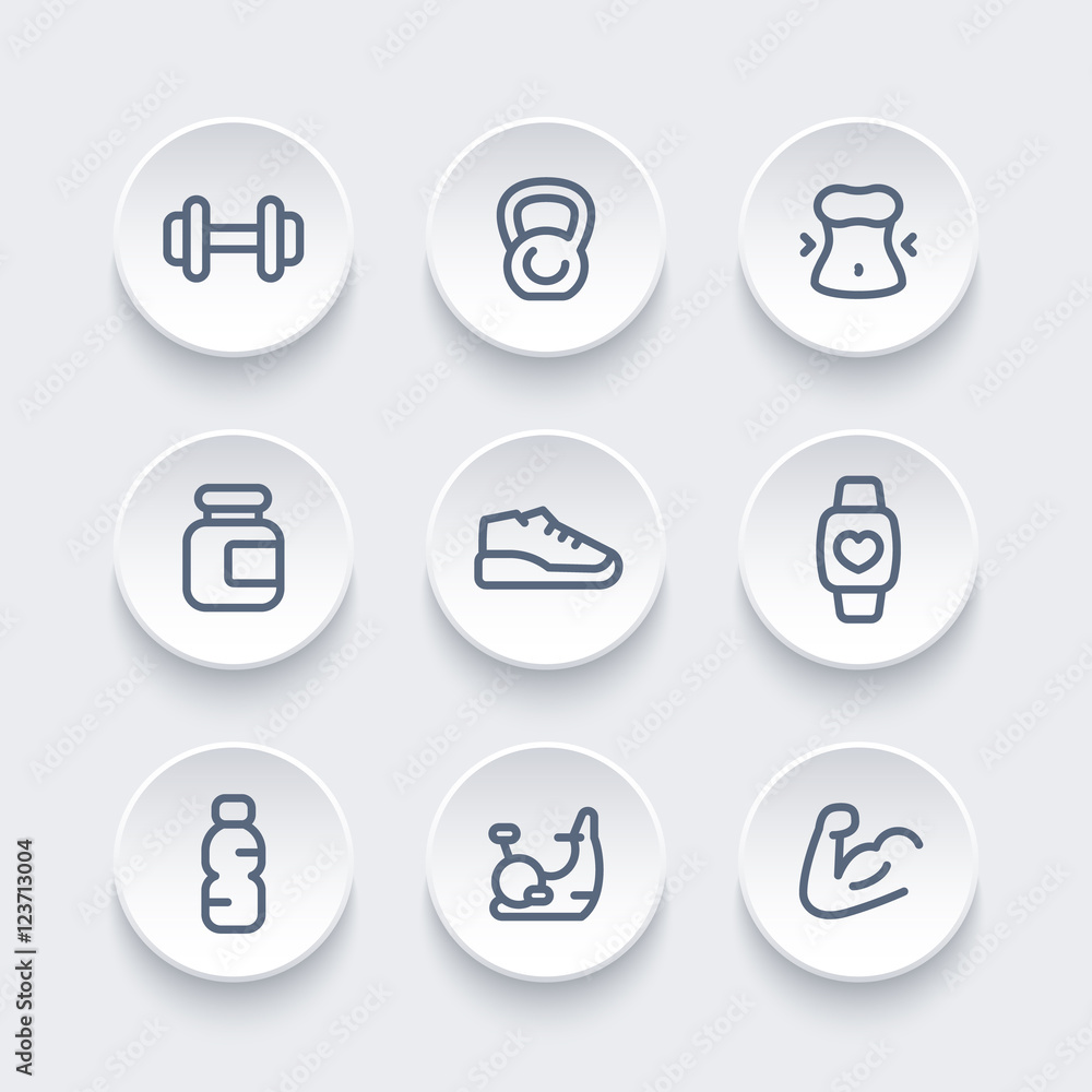 Gym, fitness training icons pack, round line pictograms, vector illustration