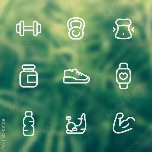 Gym, fitness training icons set, linear pictograms on blurred background
