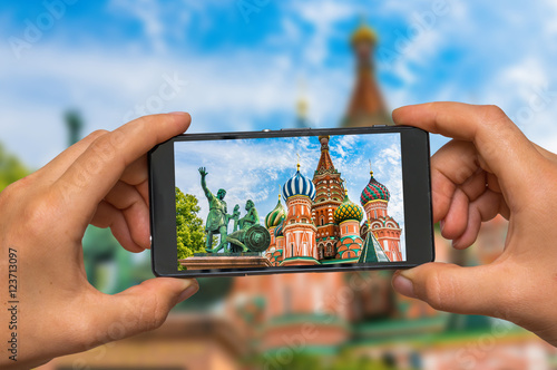 Taking photo of St. Basils cathedral in Moscow with cell phone photo