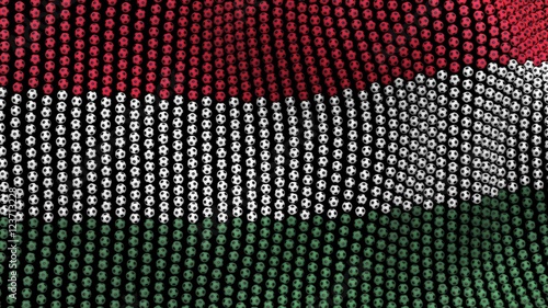Flag of Hungary, consisting of many balls fluttering in the wind, on a black background. 3D illustration.