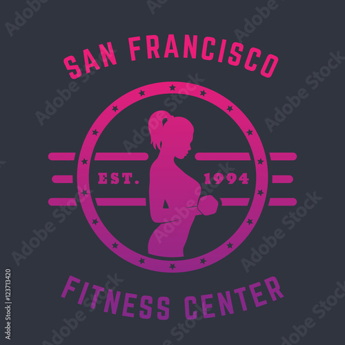 Round Vintage emblem, logo with exercising girl doing bicep curls with dumbbells, vector illustration