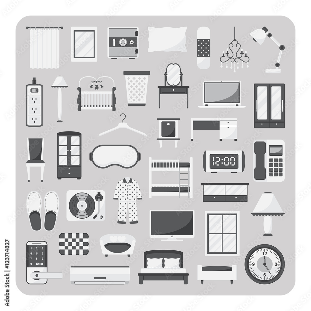 Vector of flat icons, Bedroom and furniture set on isolated background Vector of flat icons, Bedroom and furniture set on isolated background
