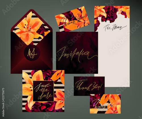 Fototapeta Naklejka Na Ścianę i Meble -  Trendy floral vector wedding print set. Invitation cards, menu and envelope vector templates with exotic orange lilies and dark pink peonies with paint, gold, burgundy velvet and stripes textures.