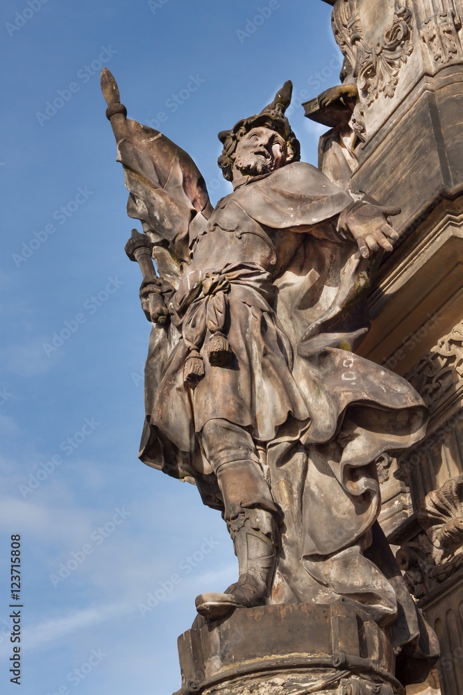 Detail of baroque Column in Olomouc. Classical Baroque artwork. Detail of sculptures.
